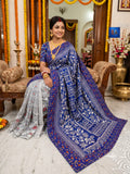 Jamkantha Saree - Grey & Royal Blue