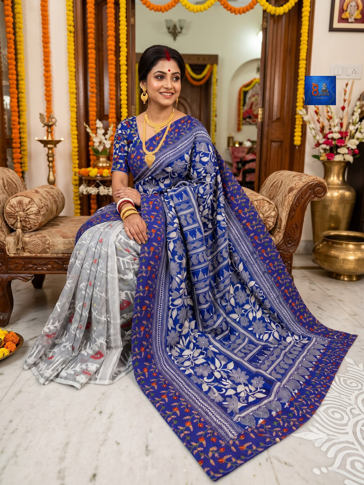 Jamkantha Saree - Grey & Royal Blue