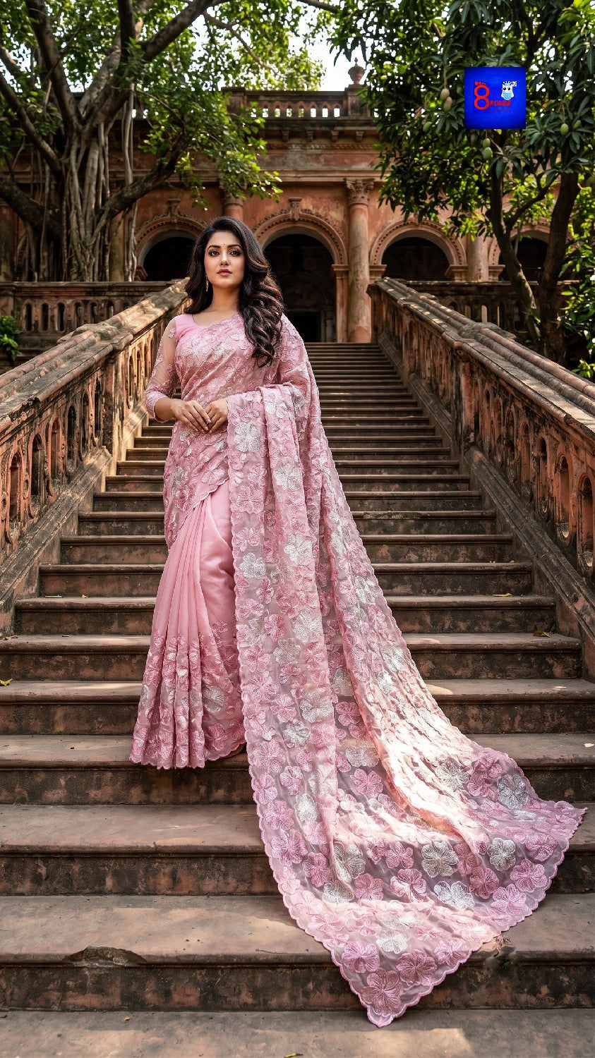 Organza Tissue Floral Embroidered Saree (Blush Pink)