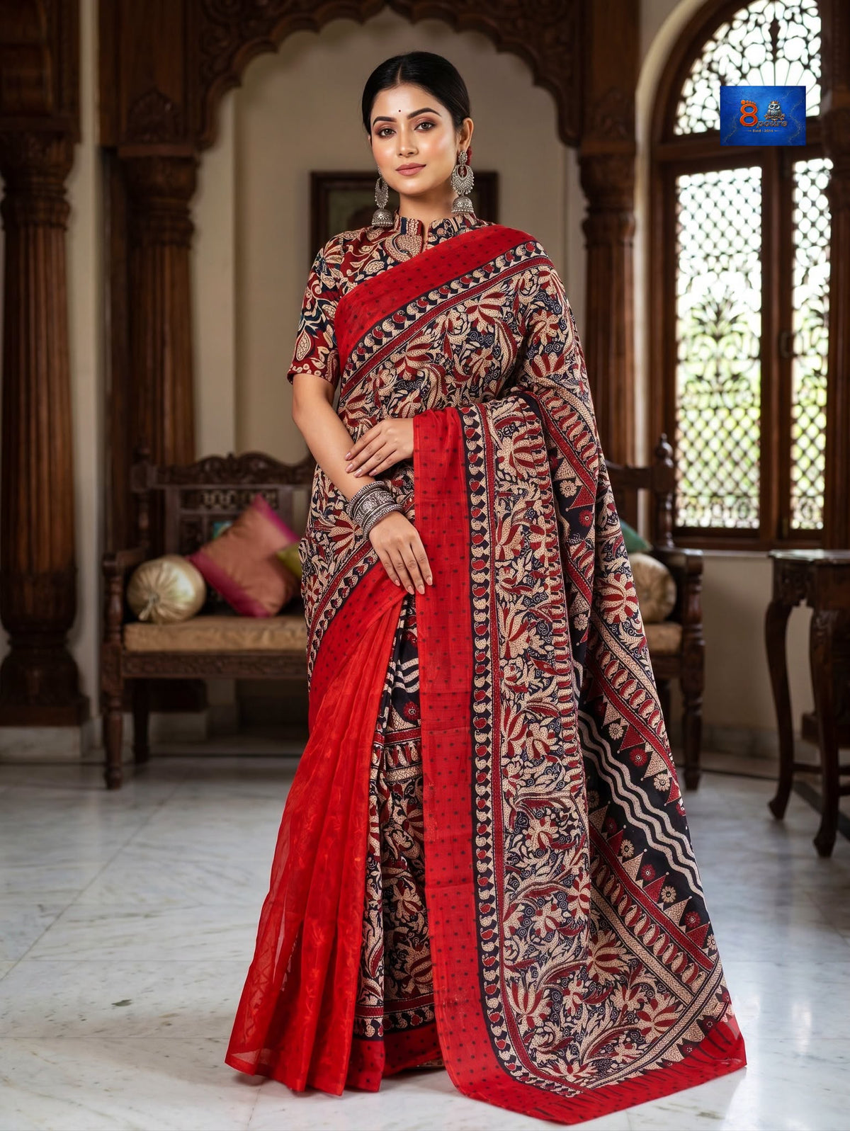 Jamkantha Saree - Red & Black