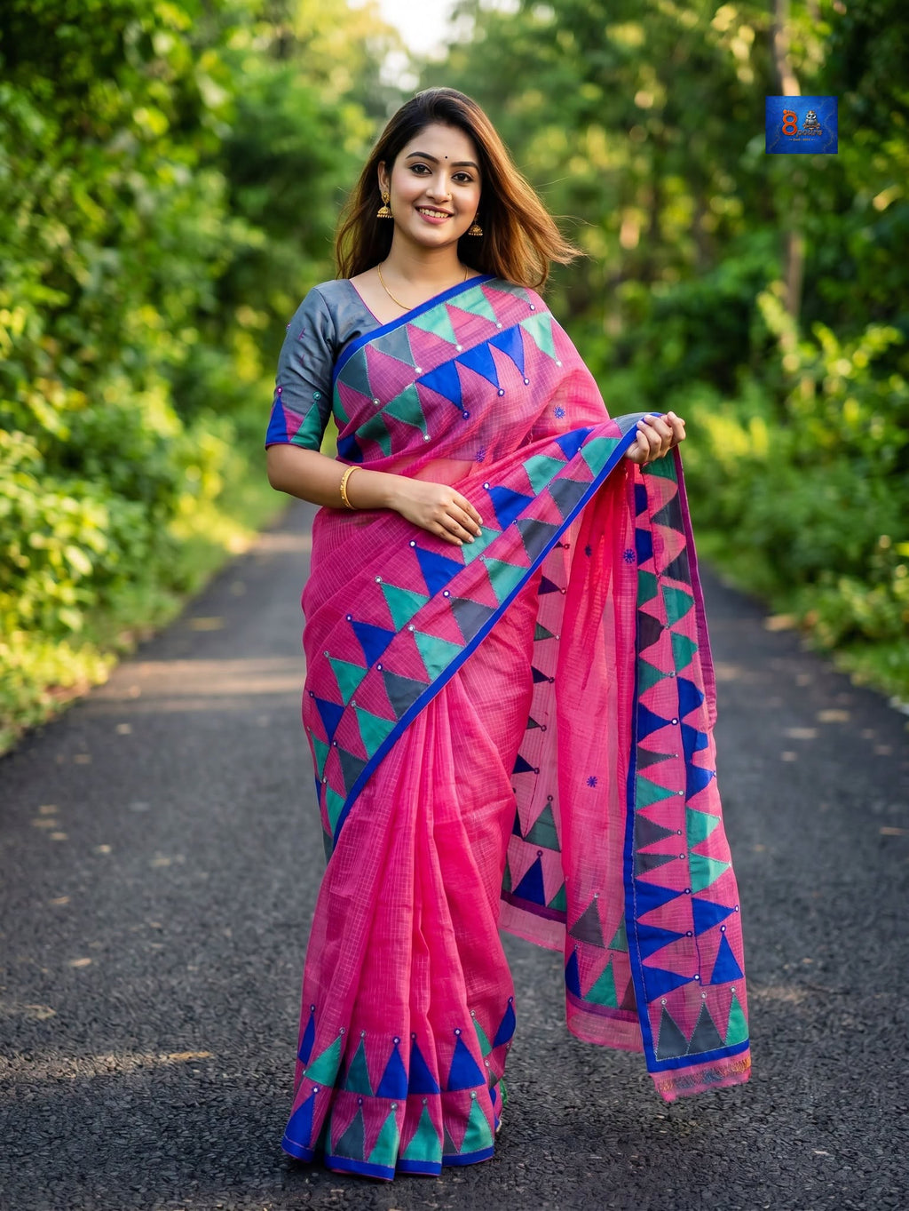 Pure Resham Cotton Applique Work Saree - Rani Pink