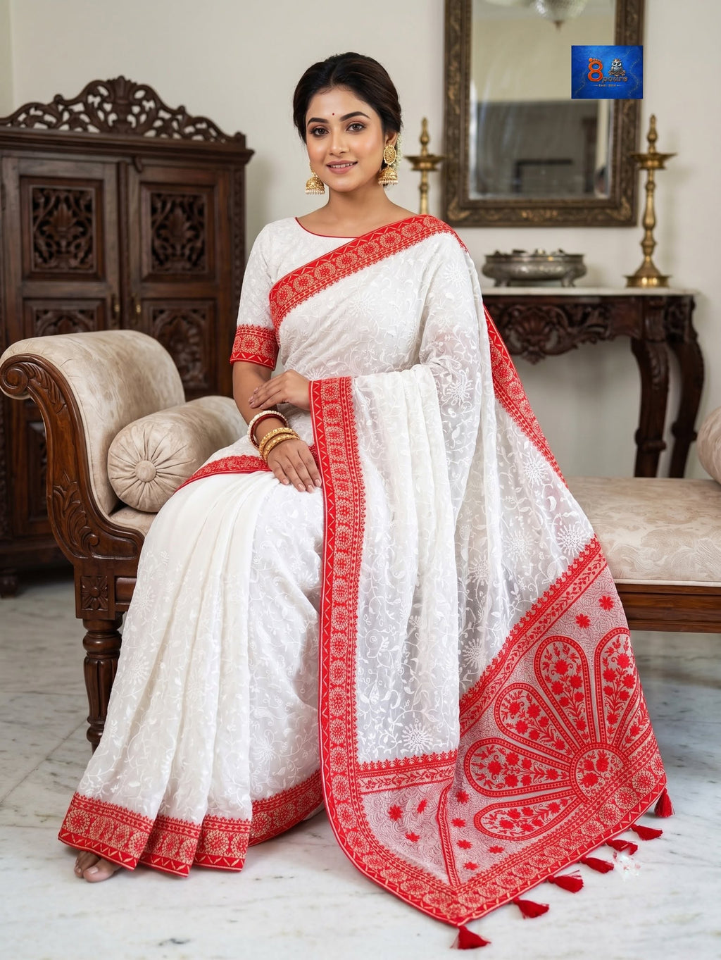 Georgette Chikankari Saree - Half Circular Designer Pallu
