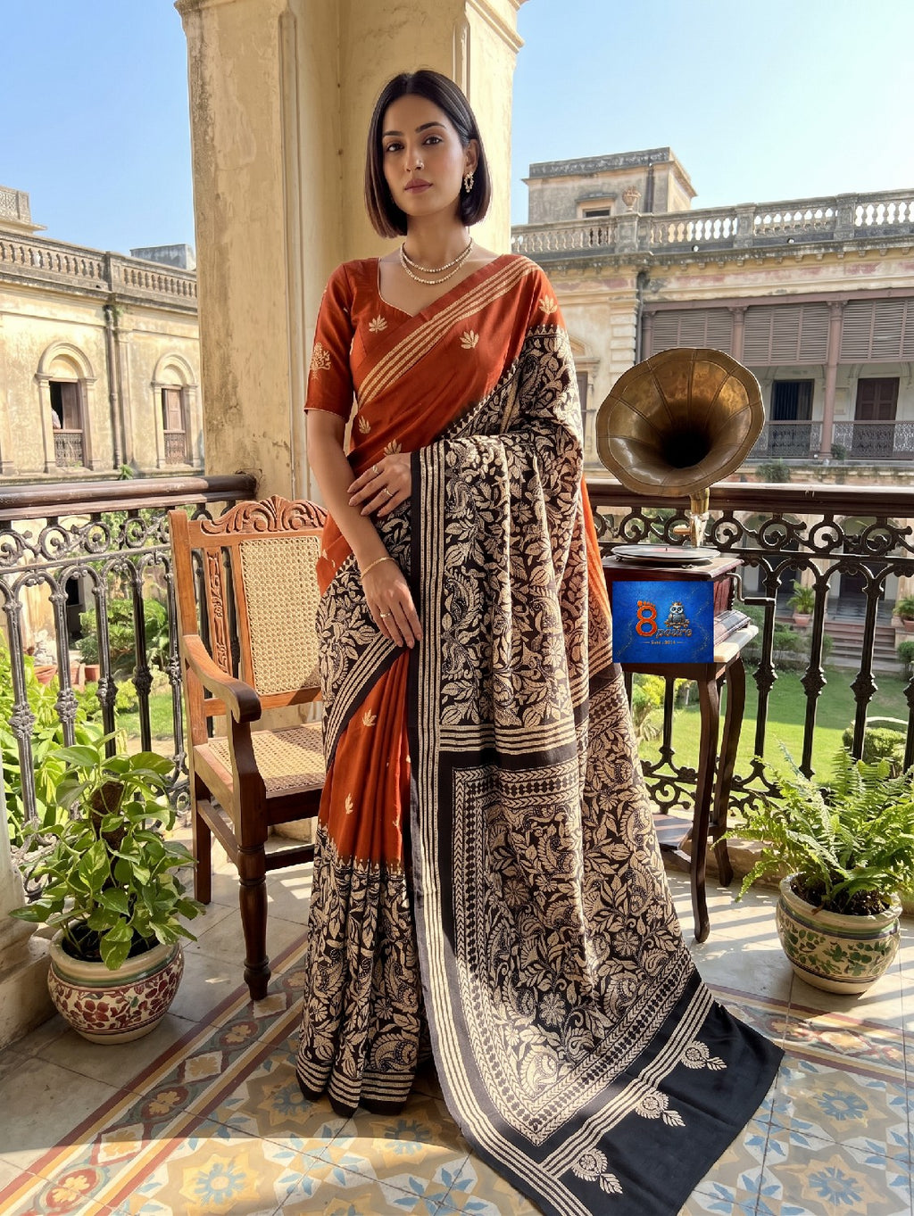 Pure Bangalore Silk Kantha Stich Saree - Rust & Black