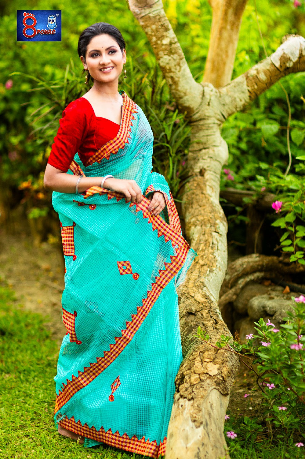 Resham Check Gamcha Applique Saree - Turquoise