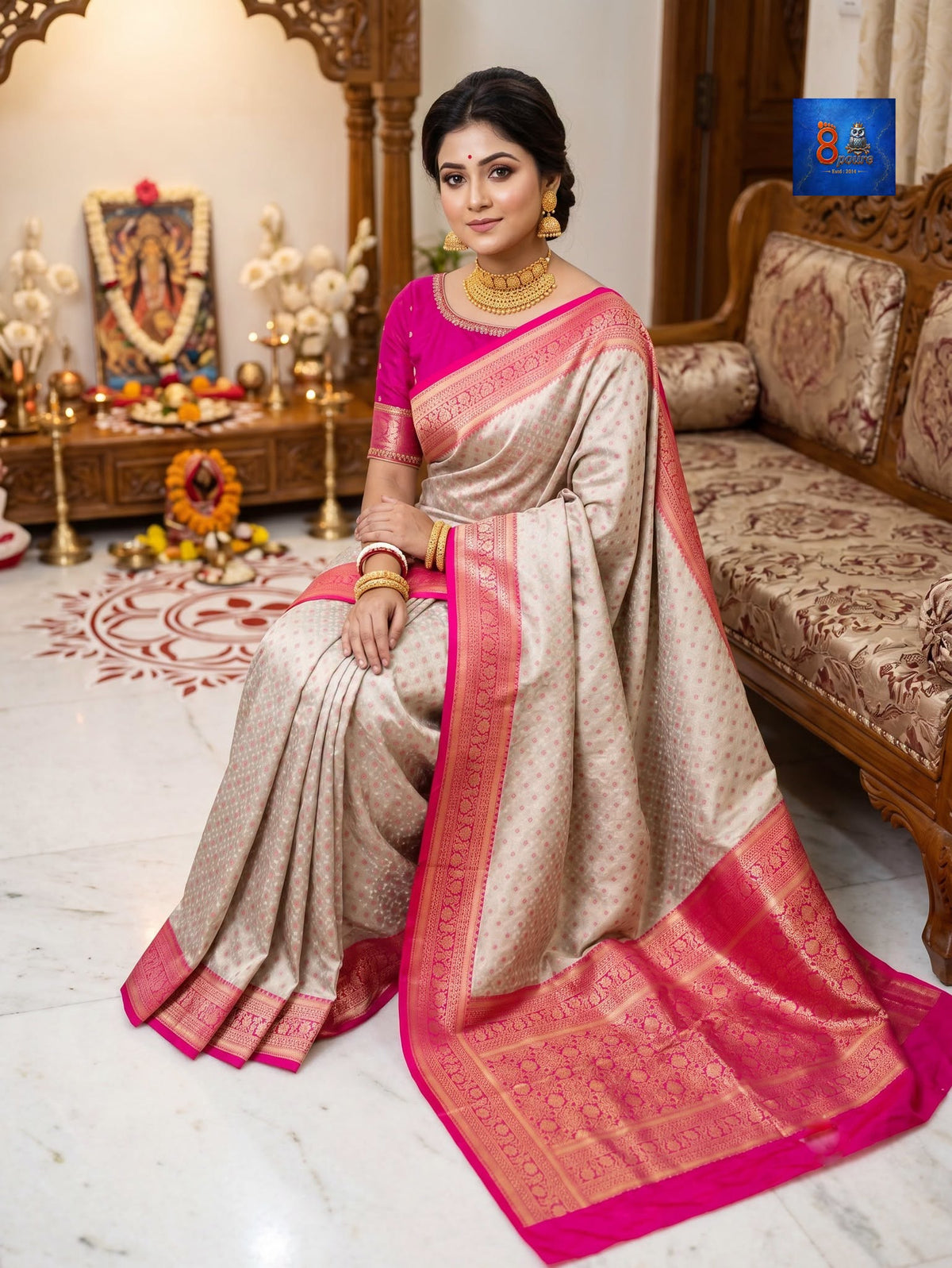 Mulberry Jacquard Silk Saree - Silk Mark - Off-white Pink Border