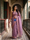 Pure Linen Kashmiri Embroidered Saree - Dusty Lavender