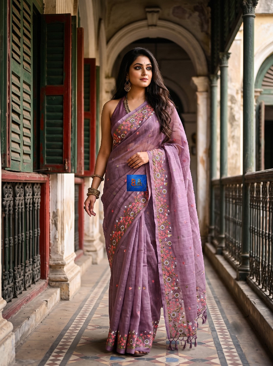 Pure Linen Kashmiri Embroidered Saree - Dusty Lavender