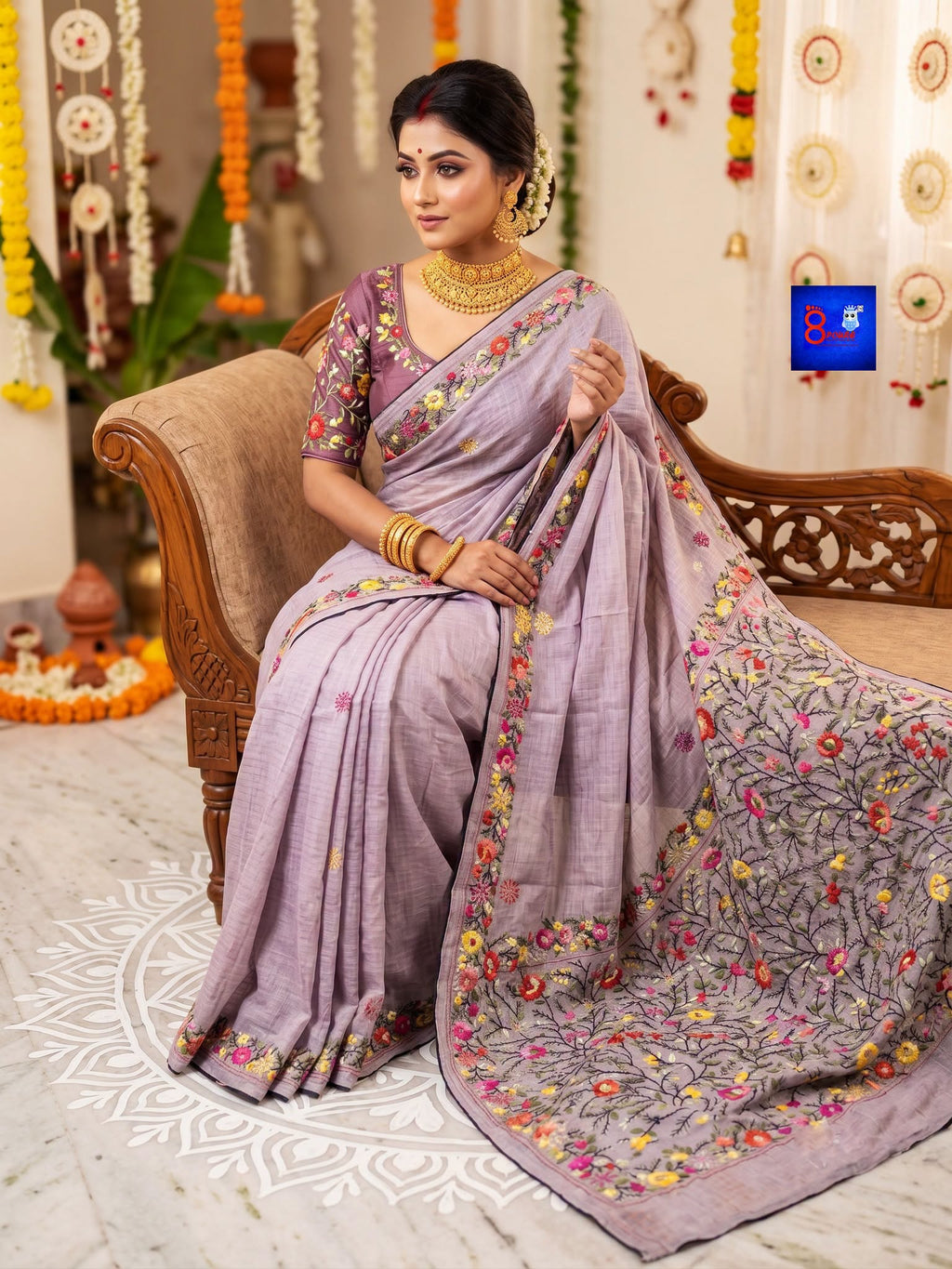 Pure Cotton Bulliyan Parshi Embroidery Saree With Contrast Blouse Piece