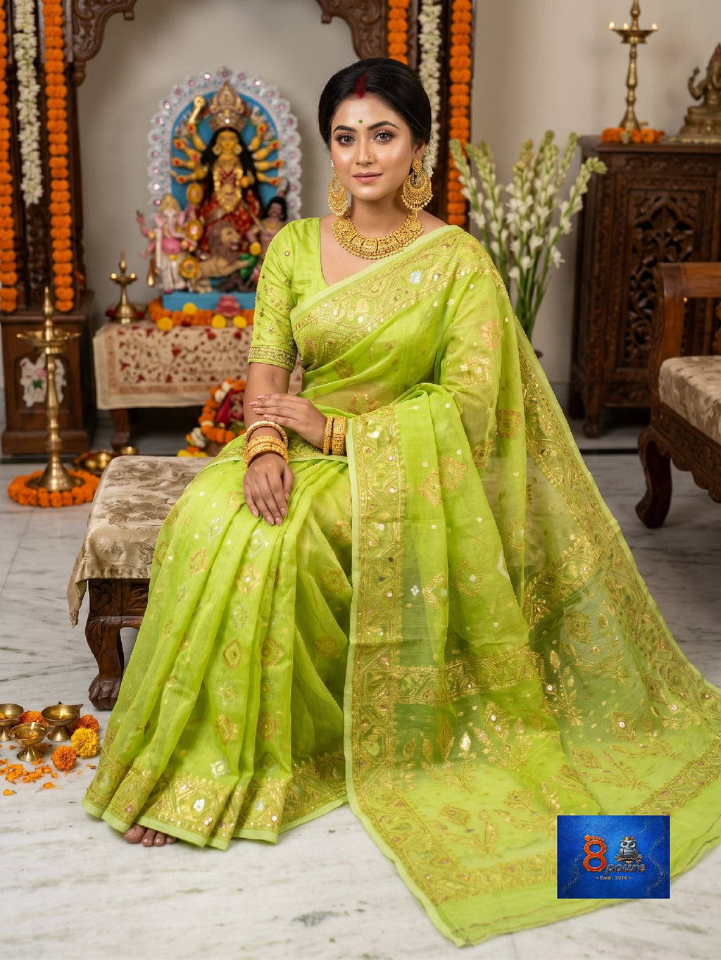 Mirror & Glass Beads Embroidered Jamdani Saree - Lemon Green