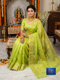 Mirror & Glass Beads Embroidered Jamdani Saree - Lemon Green