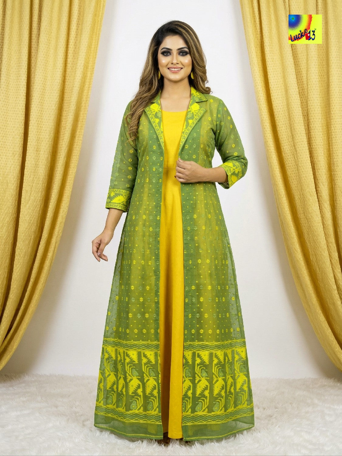 Jamdani Shrug & Cotton Sleeveless Dress set - Yellow & Green