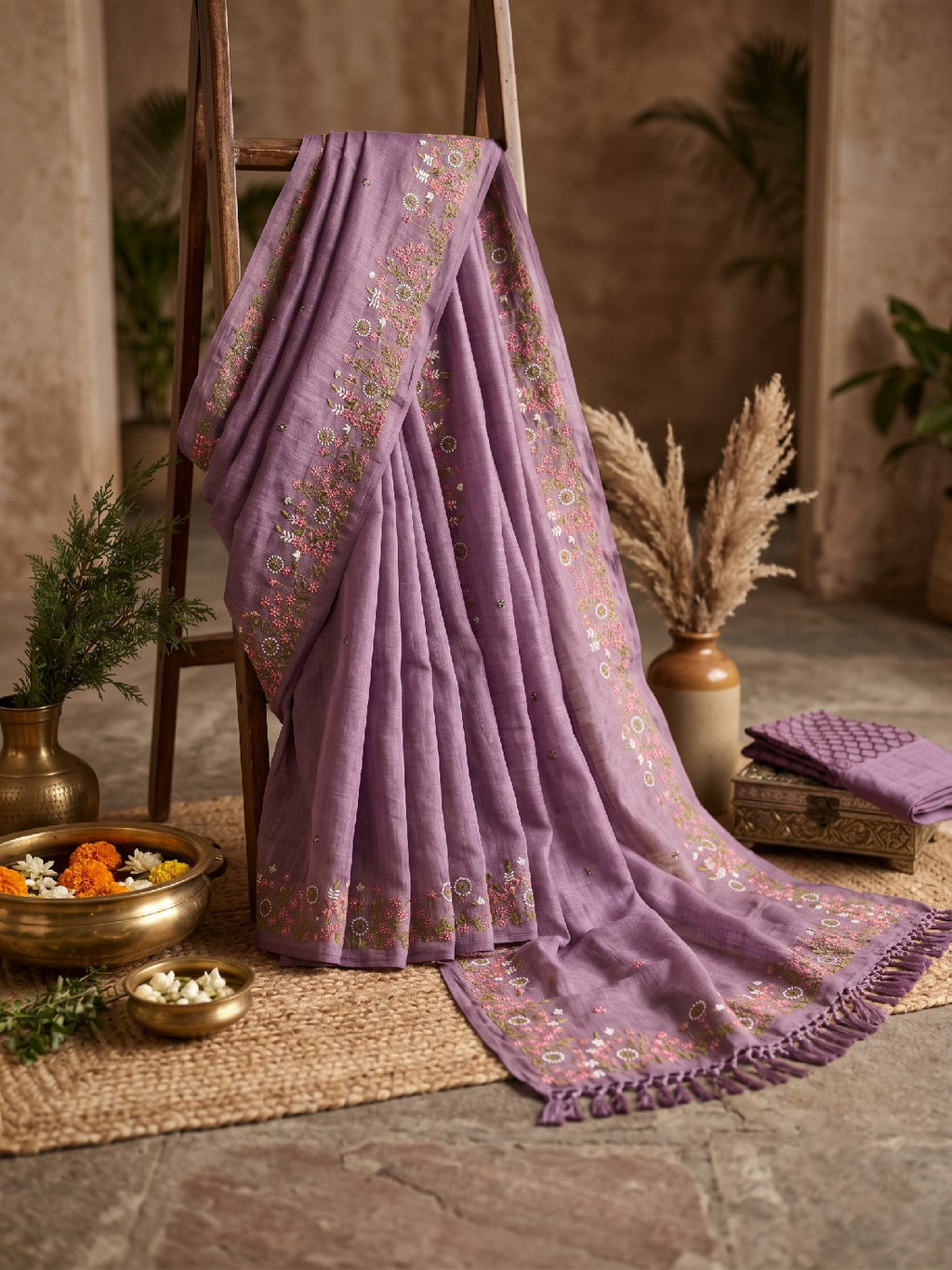 Pure Linen Kashmiri Embroidered Saree - Dusty Lavender