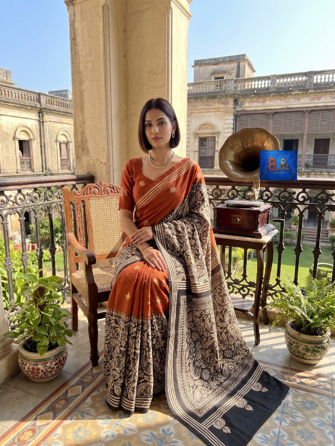 Pure Bangalore Silk Kantha Stich Saree - Rust & Black