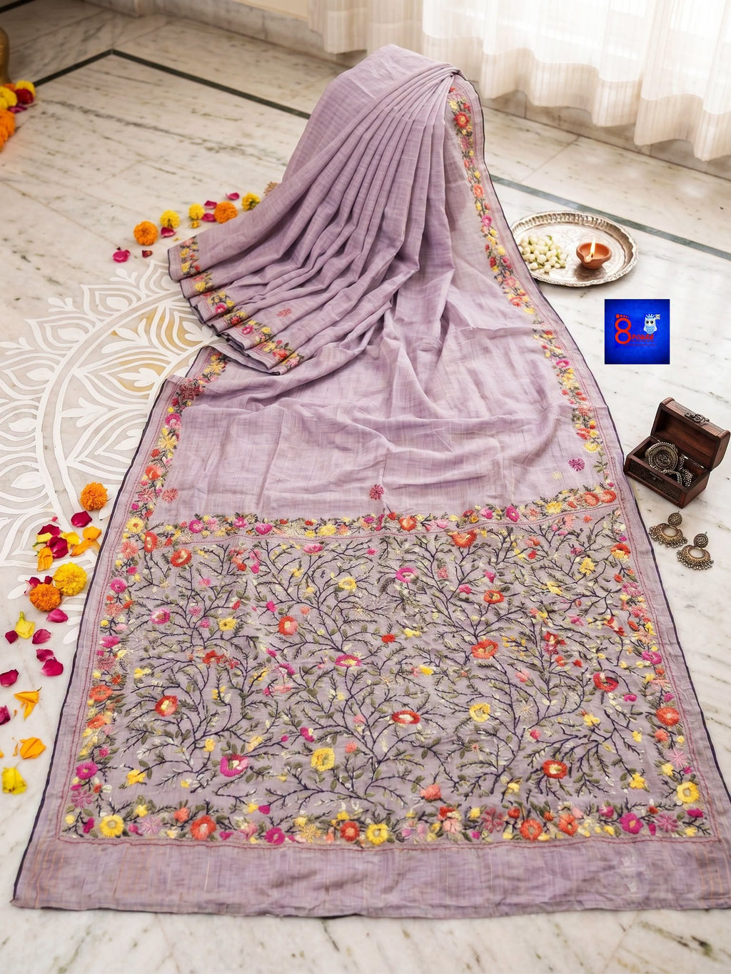 Pure Cotton Bulliyan Parshi Embroidery Saree With Contrast Blouse Piece