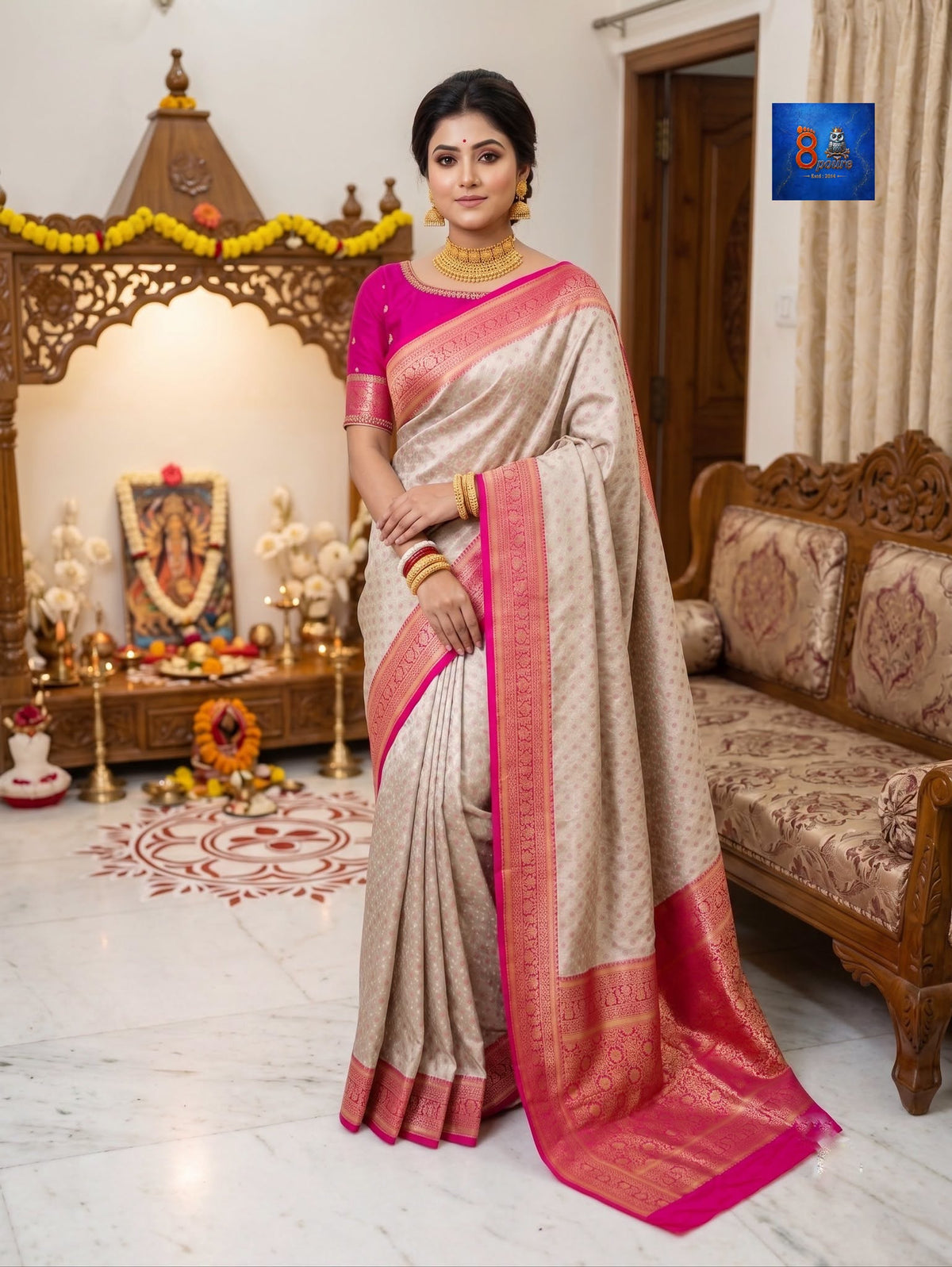 Mulberry Jacquard Silk Saree - Silk Mark - Off-white Pink Border