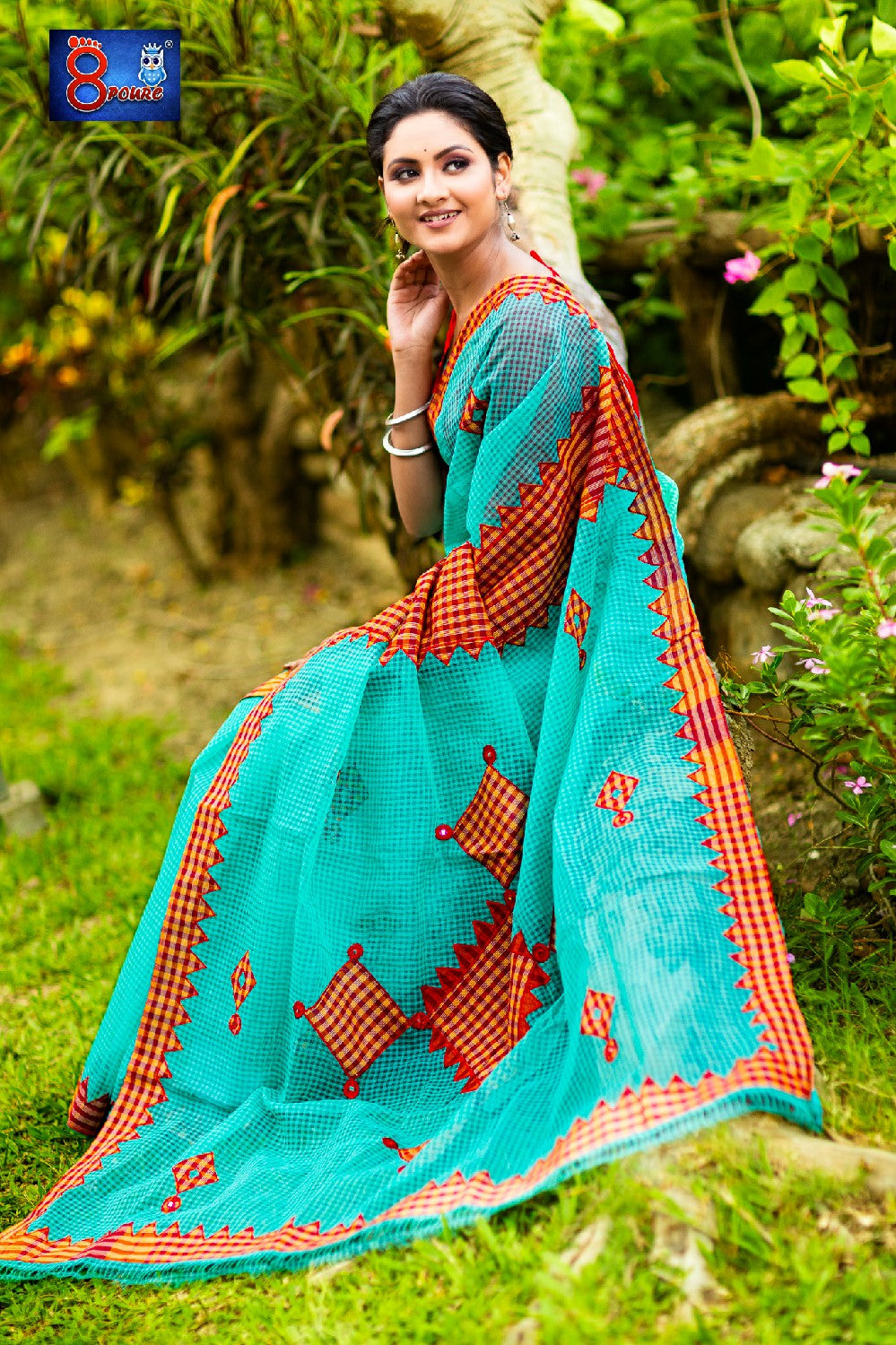Resham Check Gamcha Applique Saree - Turquoise