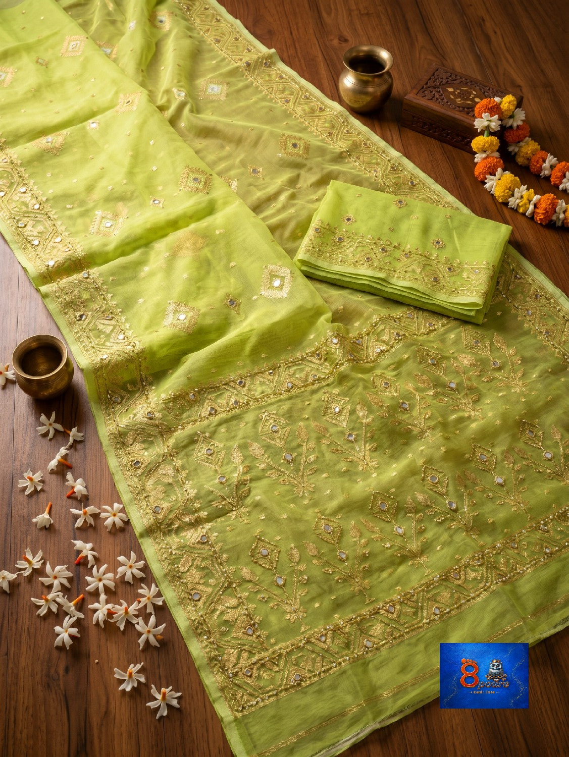 Mirror & Glass Beads Embroidered Jamdani Saree - Lemon Green