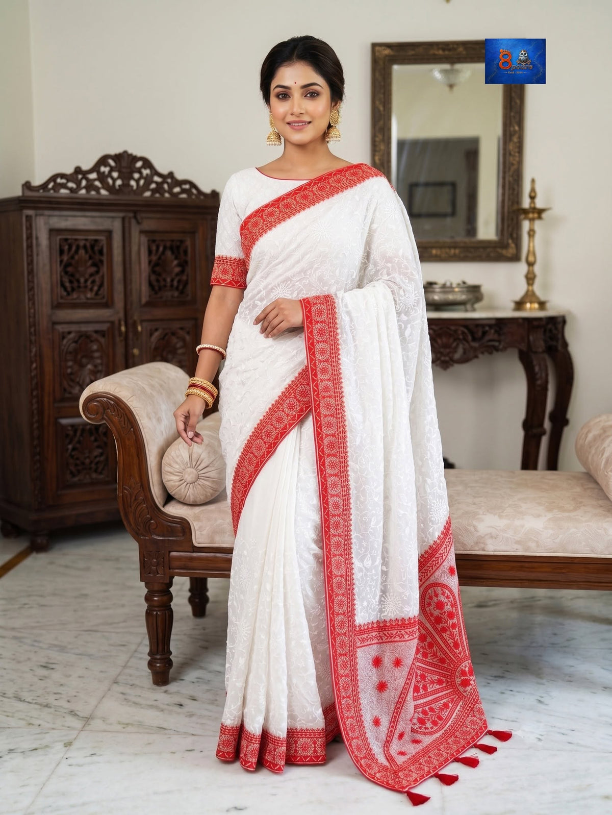 Georgette Chikankari Saree - Half Circular Designer Pallu
