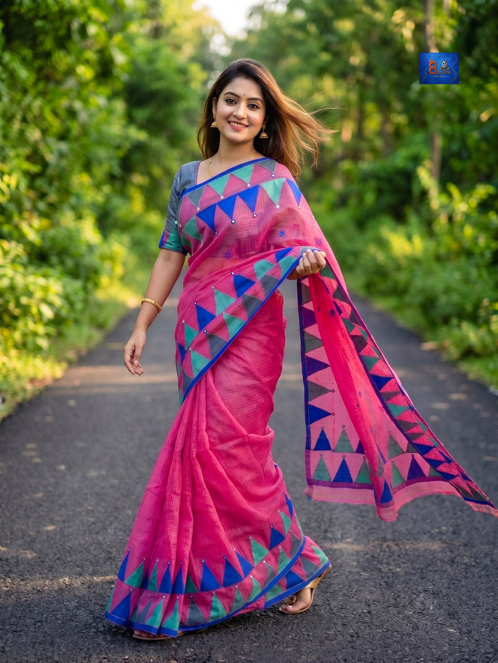 Pure Resham Cotton Applique Work Saree - Rani Pink