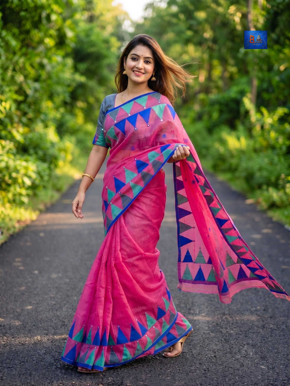 Pure Resham Cotton Applique Work Saree - Rani Pink