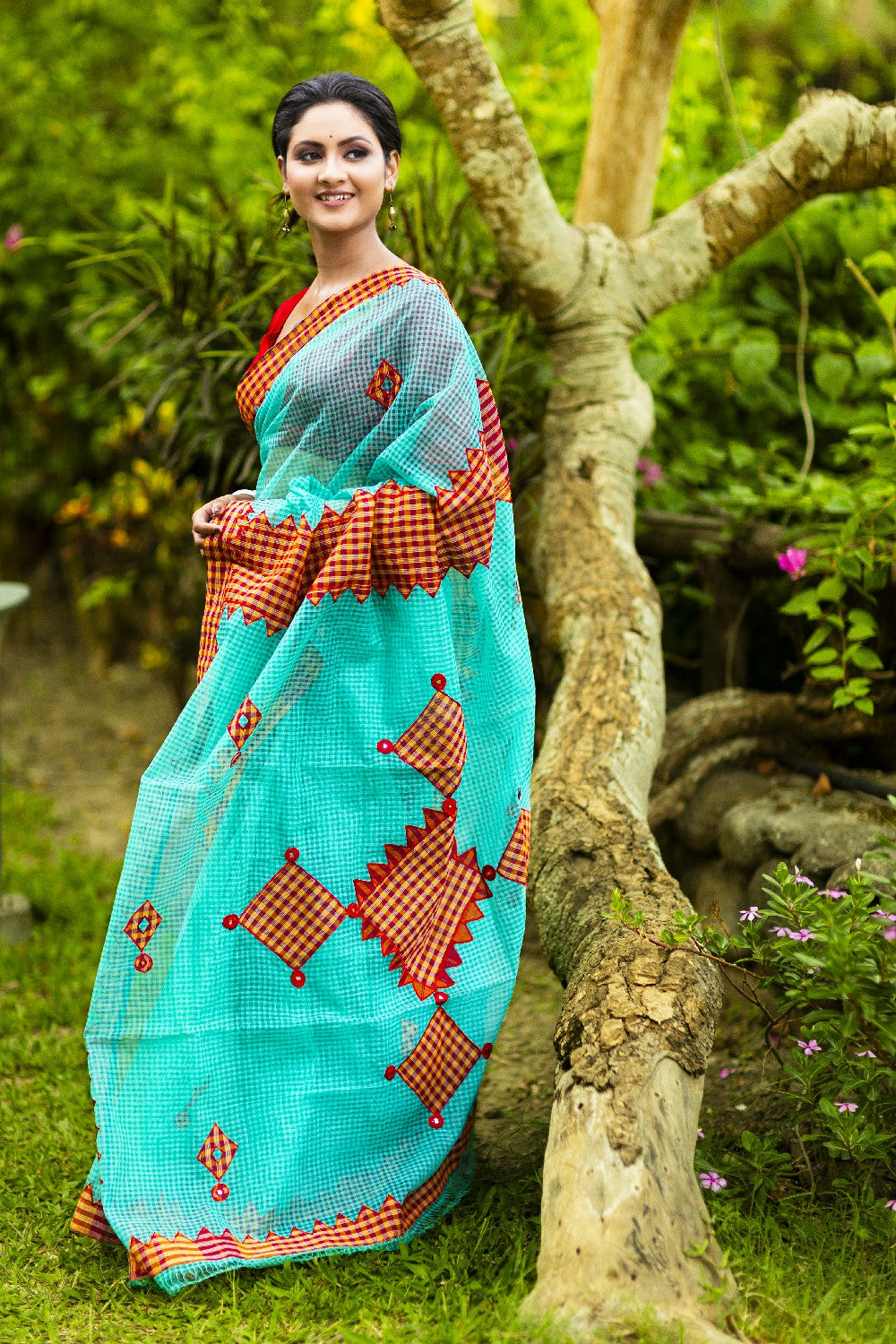 Resham Check Gamcha Applique Saree - Turquoise