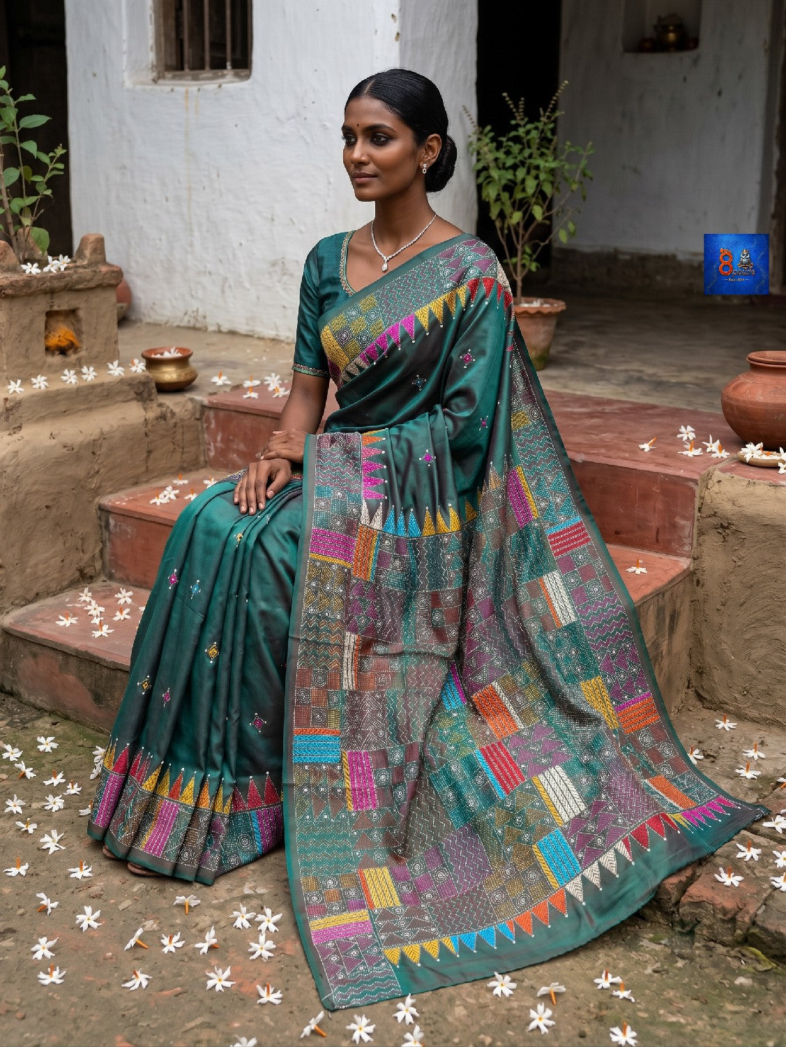 Blended Bangalore Silk Kantha Saree - Green Pink Dual Tone