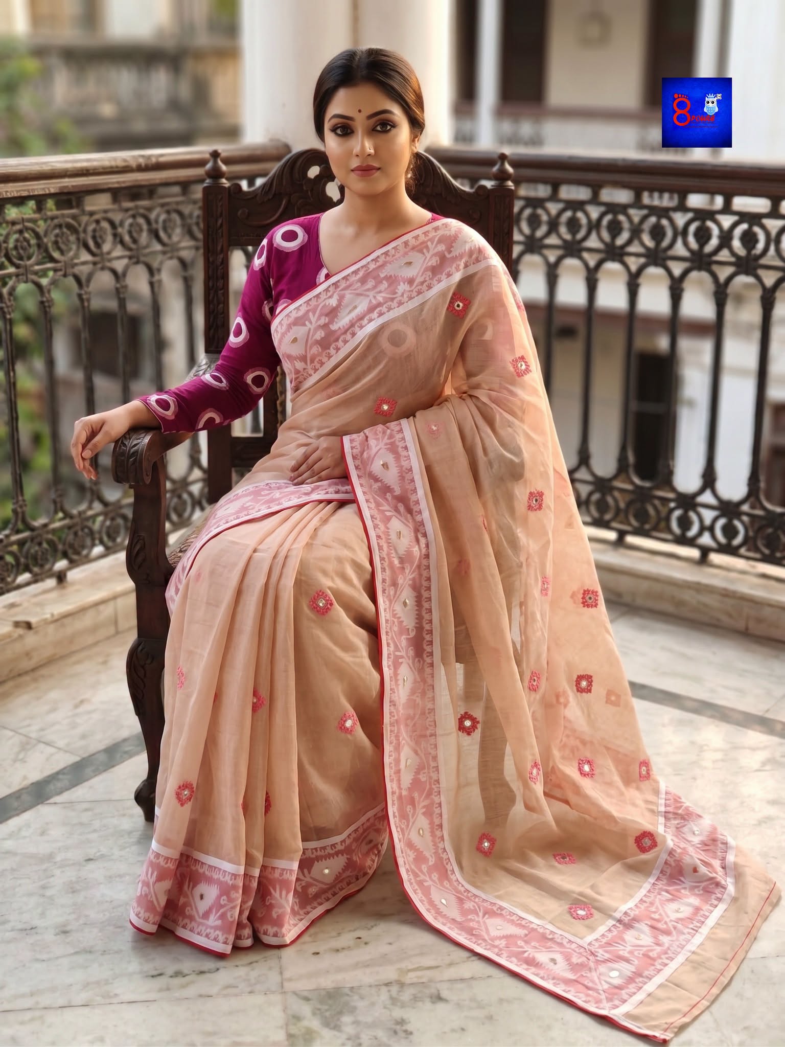 Pure Cotton Jamdani Kutch Mirror Embroidery Saree