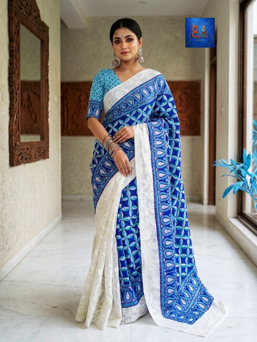 Jamkantha Saree - Blue & White