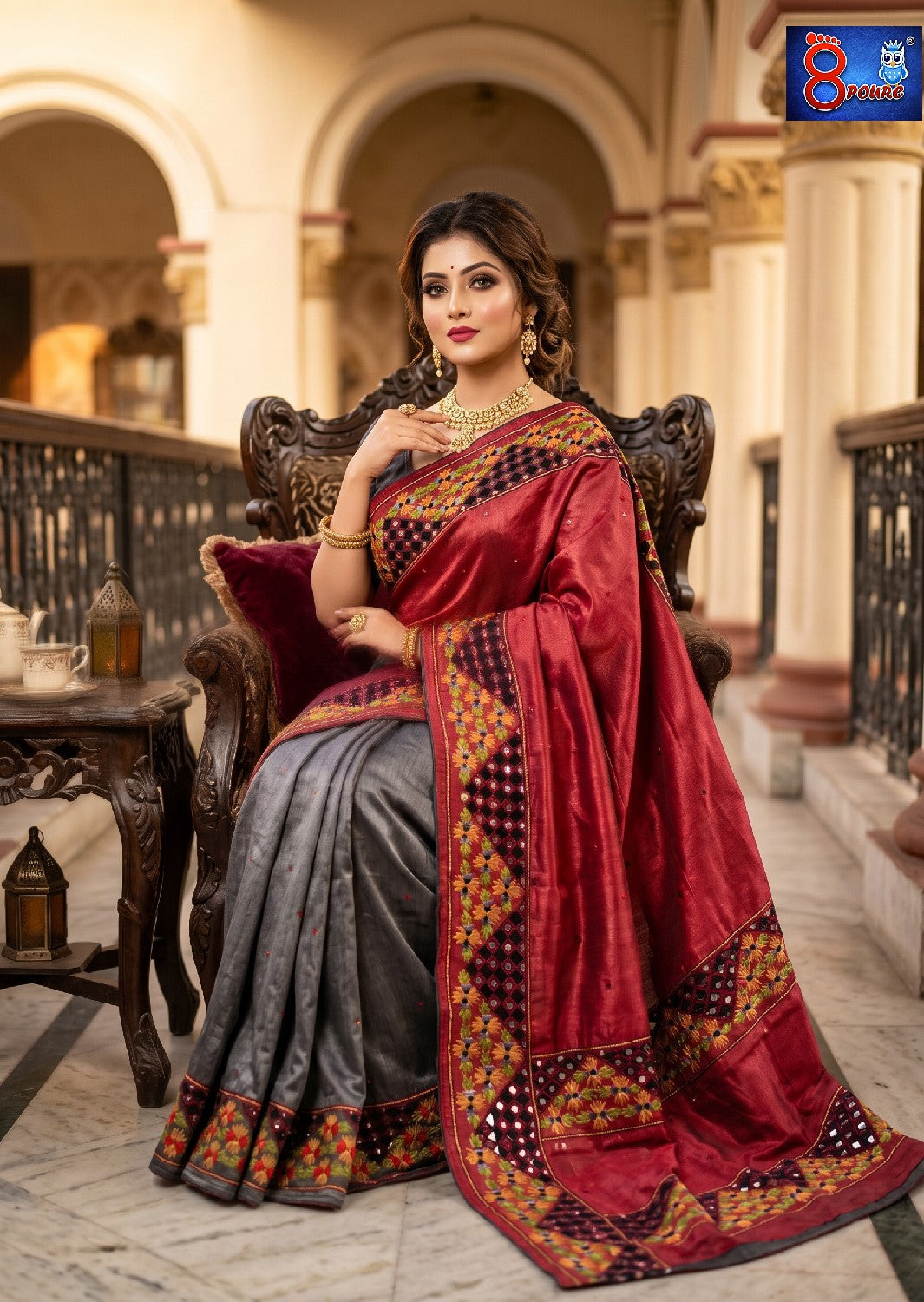 Hand Embroidered Pure Silk Saree - Red & Grey