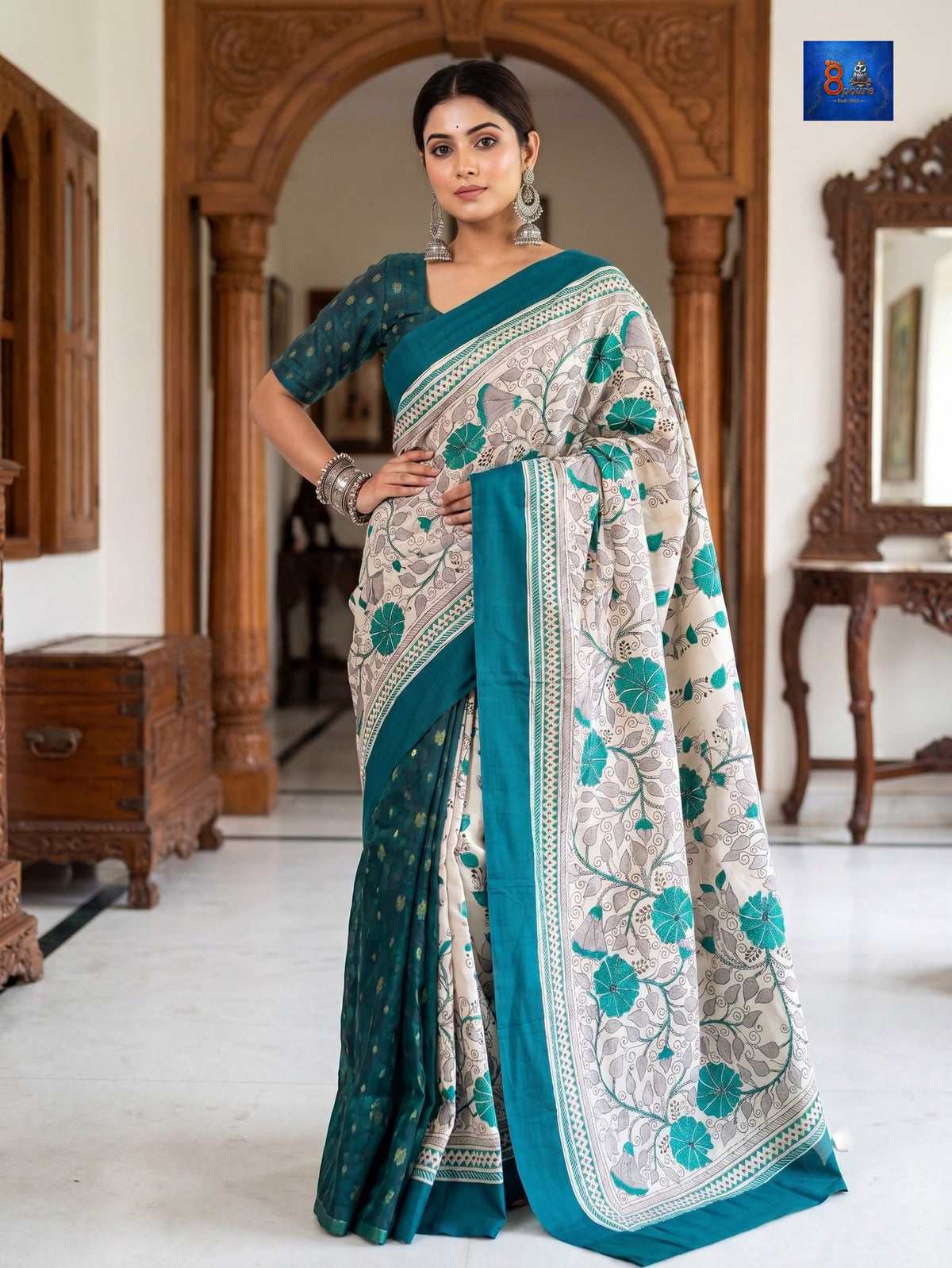 Jamkantha Saree - Ocean Green & Off-white With Grey