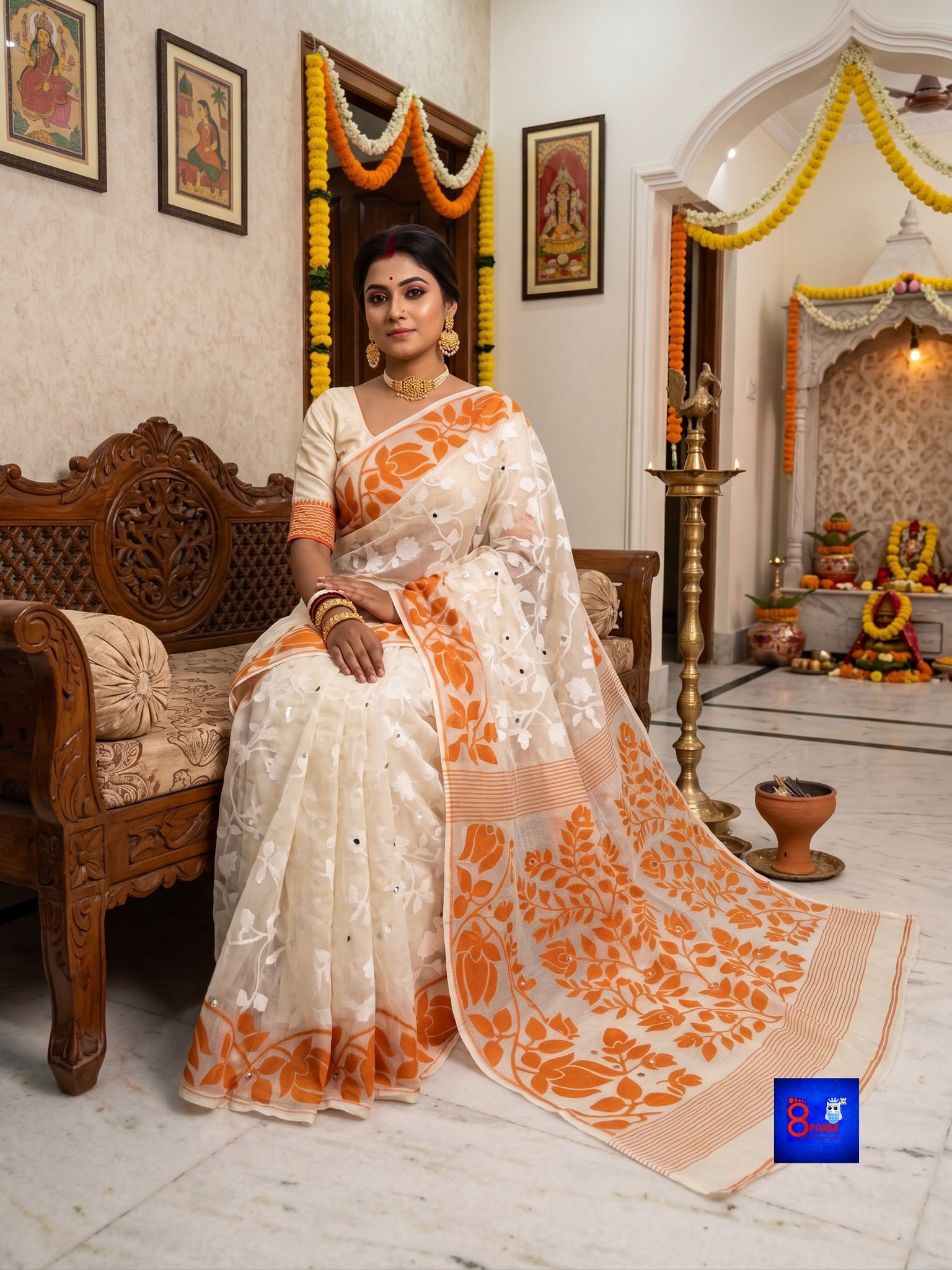 Mirror Work Jamdani Saree