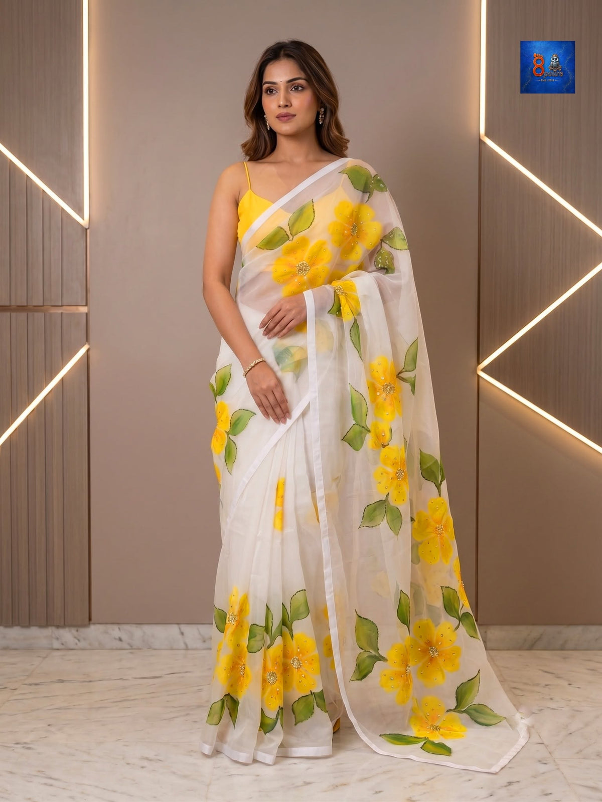 Crystal Organza Saree - Golden Yellow Floral Print
