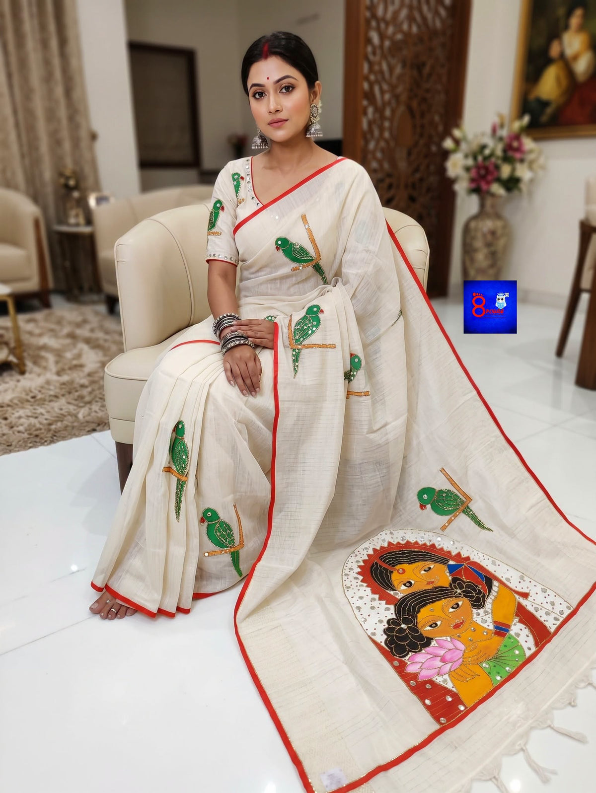 Pure Cotton Glittering Canvas Saree - Parrot Story