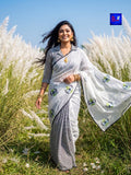 Premium Cotton Embroidered Saree (White & Grey)