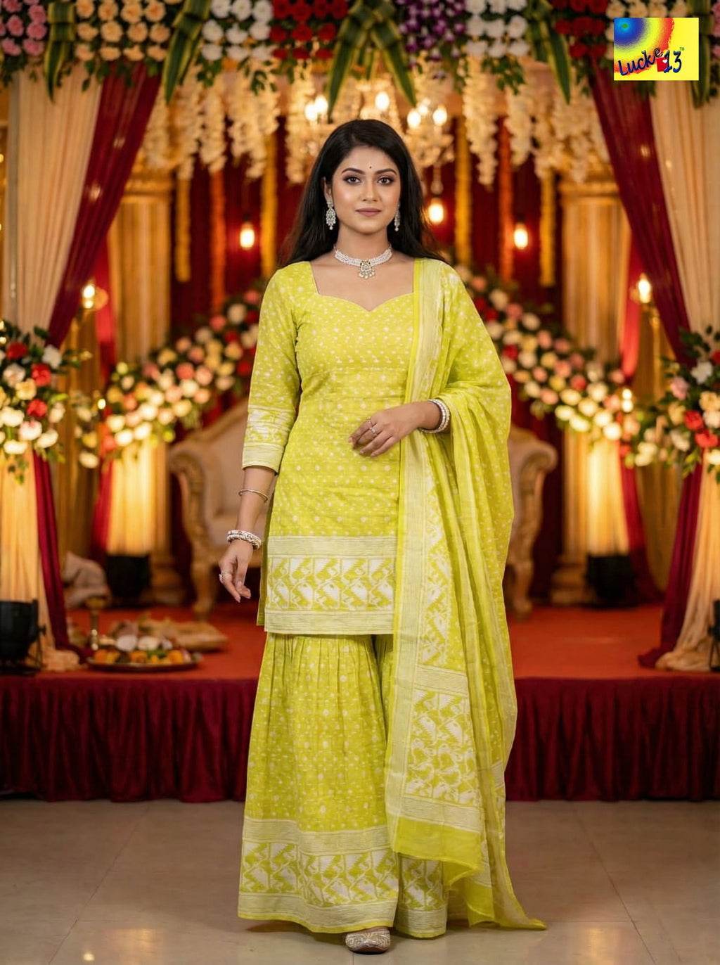 Jamdani Sharara 3-Piece Set - Lemon