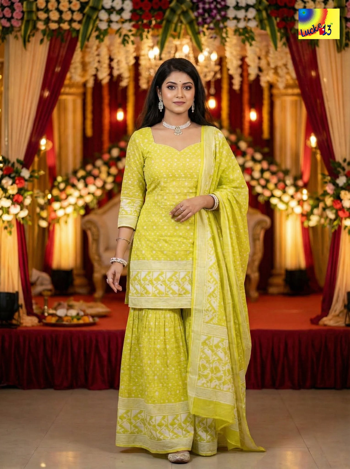 Jamdani Sharara 3-Piece Set - Lemon