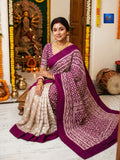 Jamkantha Saree - Light Brown & Magenta