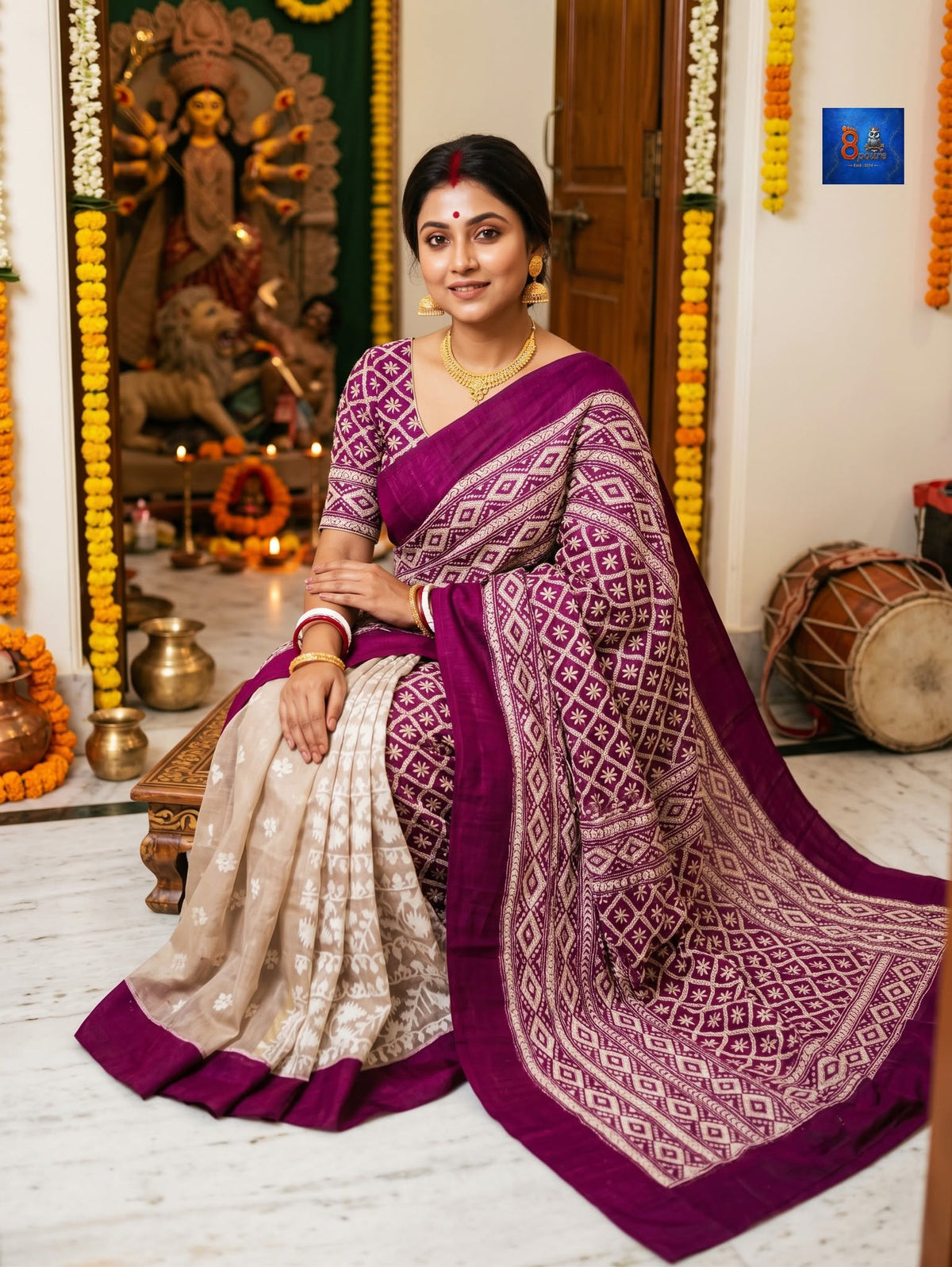 Jamkantha Saree - Light Brown & Magenta
