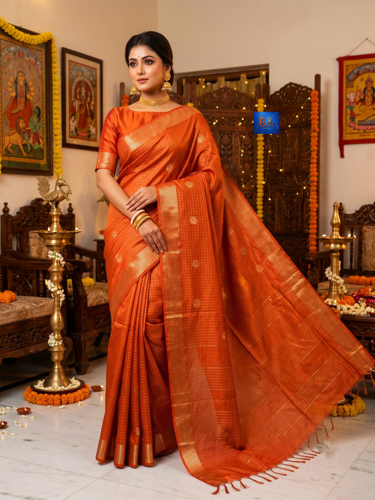 Kanchipuram Kattam SICO Saree - Orange