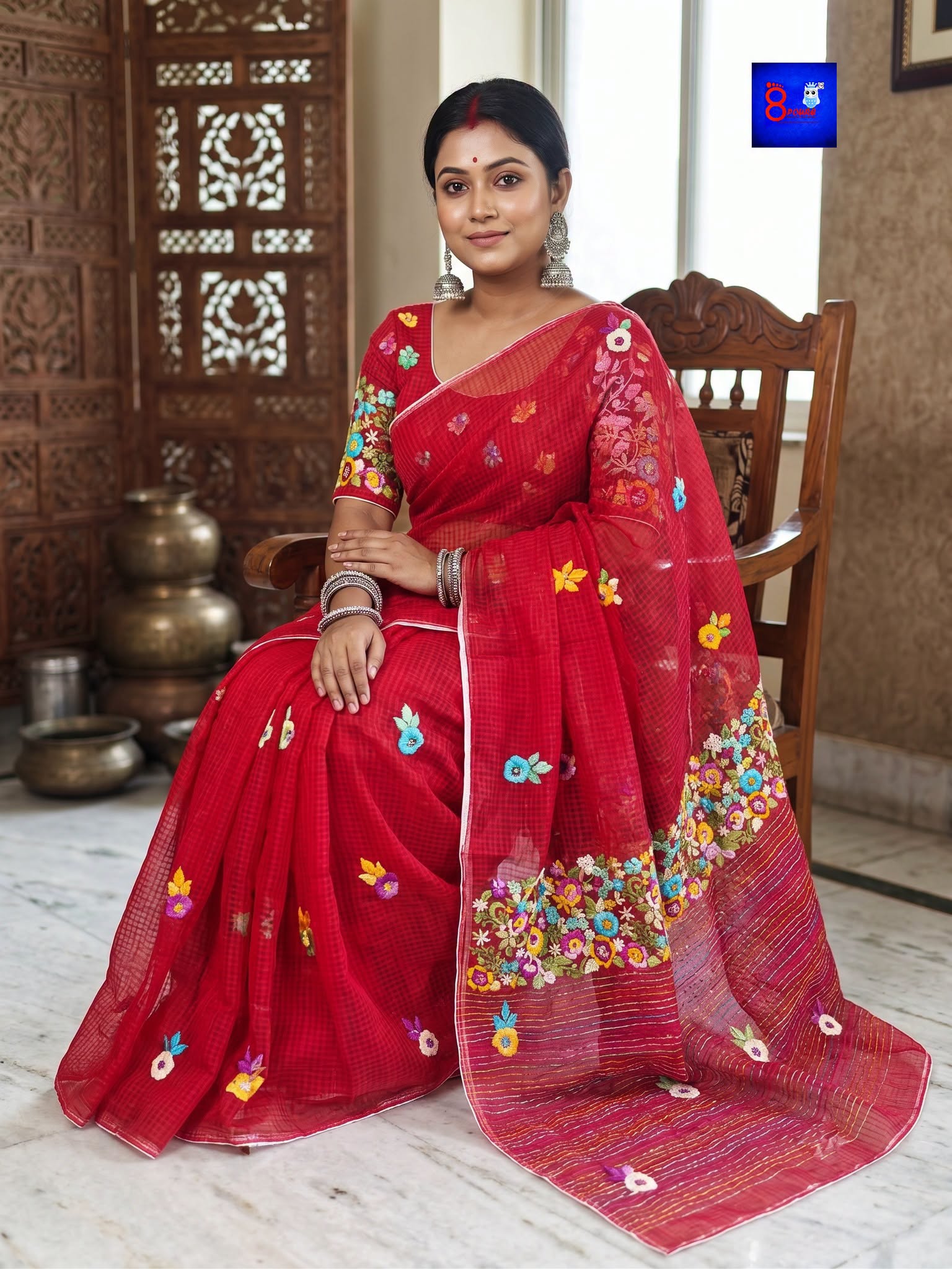 Resham Check French Knot Embroidery Saree (Red)