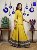 Pure Cotton Designer Jamdani Woven Skirt & Shirt Set (Mustard Yellow & Black)