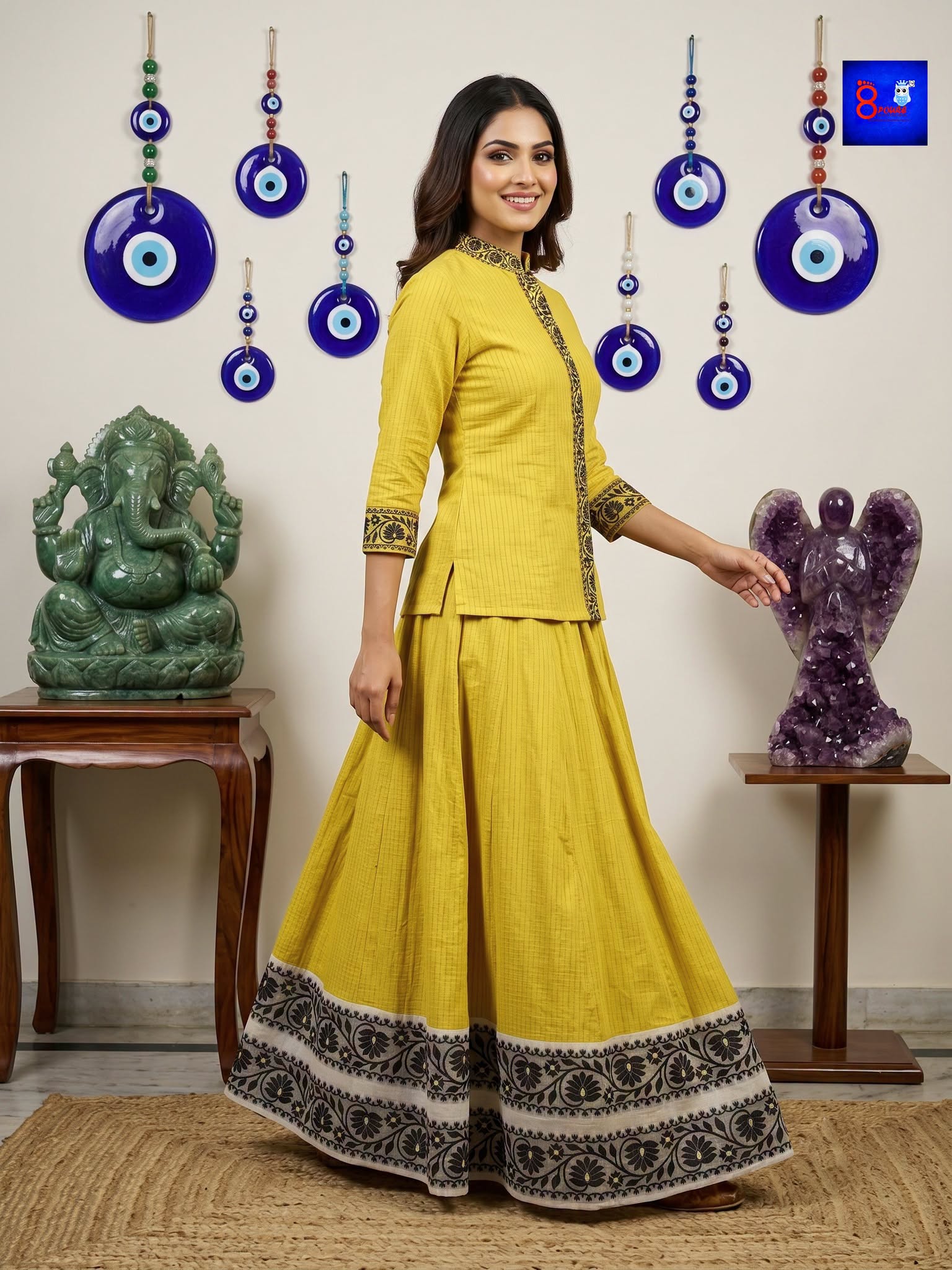 Pure Cotton Designer Jamdani Woven Skirt & Shirt Set (Mustard Yellow & Black)