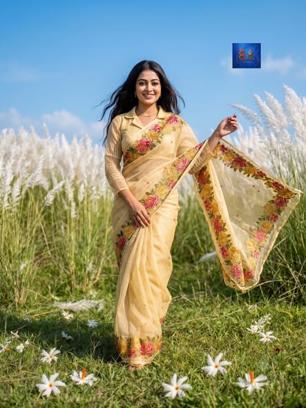 Resham Cotton Golpa Parshi Saree - Golden Beige