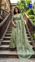 Organza Tissue Floral Embroidered Saree (Sage Green)