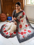 White Black Red Cotton Glittering Canvas Saree