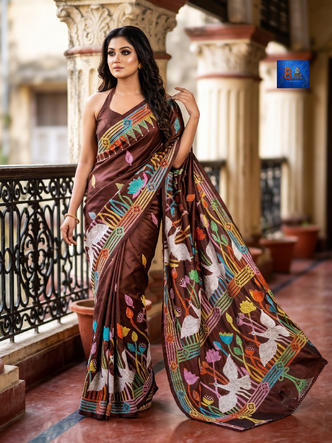 Blended Bangalore Silk Kantha Saree - Dark Maroon