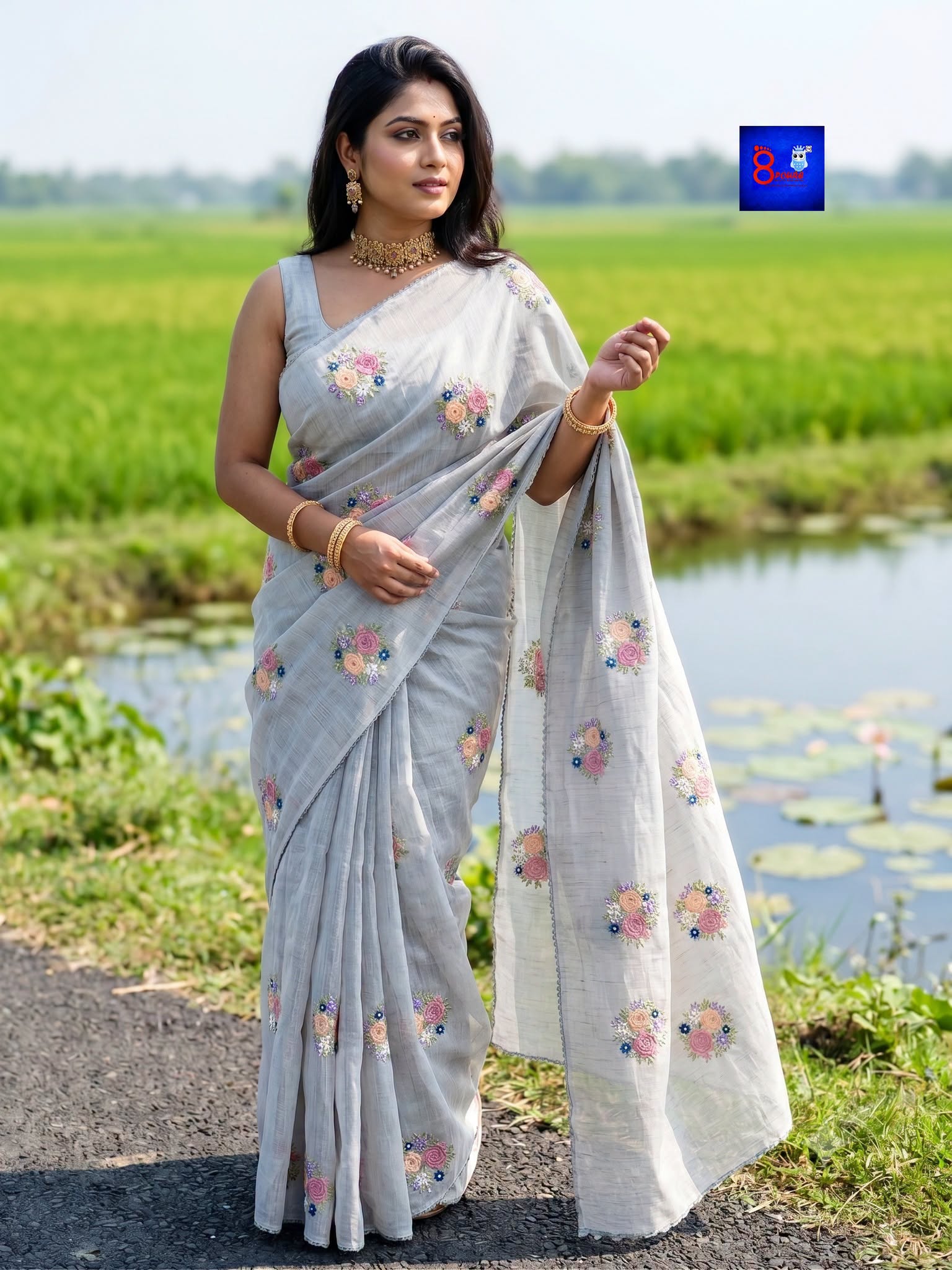 Floral Embroidered Linen Saree