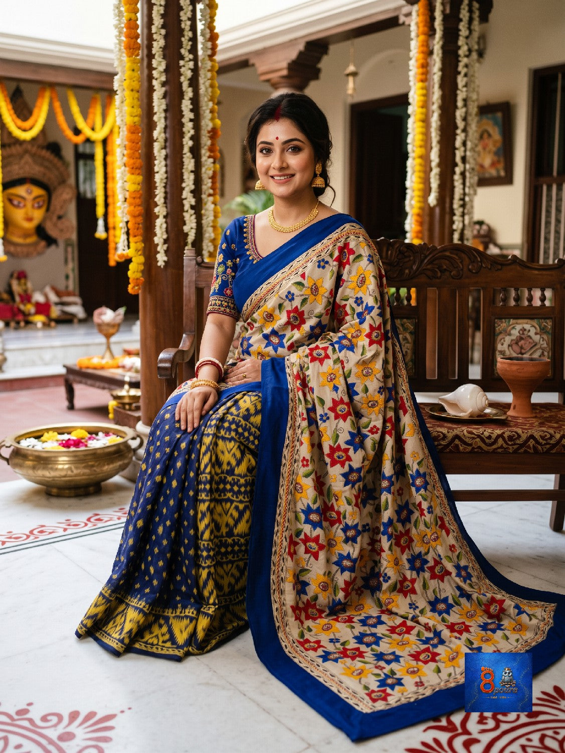 Royal Blue Multicolour Floral Jamkantha Saree
