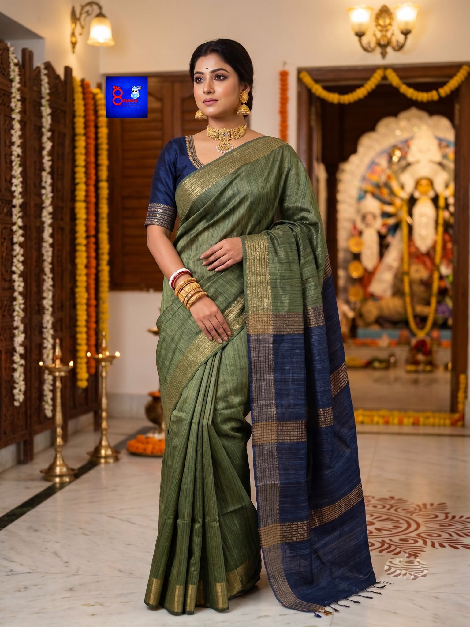 Authentic Handloom Pure Ghicha Silk Saree (Olive Green with Navy Blue & Gold)