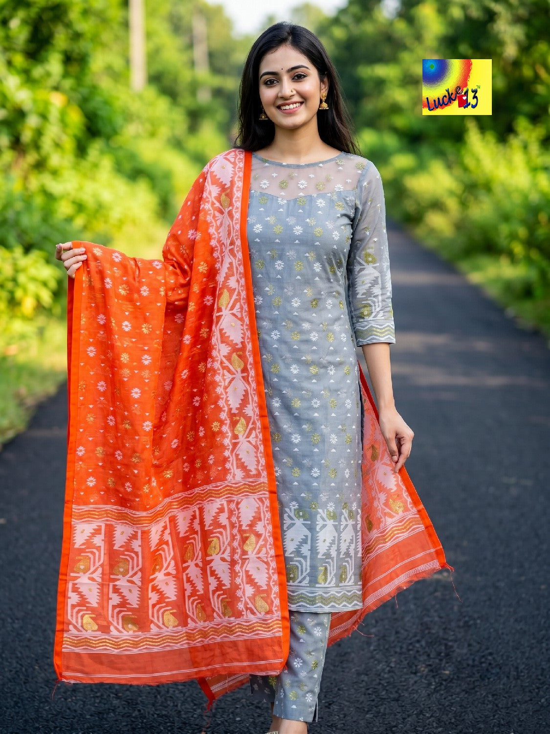 Handloom Jamdani Kurti, Dupatta & Pant Set